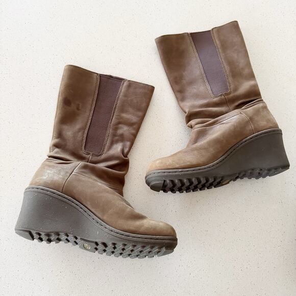 Keen Akita Dark Taupe Leather Wedge Heel Pull On Mid Calf Slouch Boots Size 6.5 - Picture 1 of 8